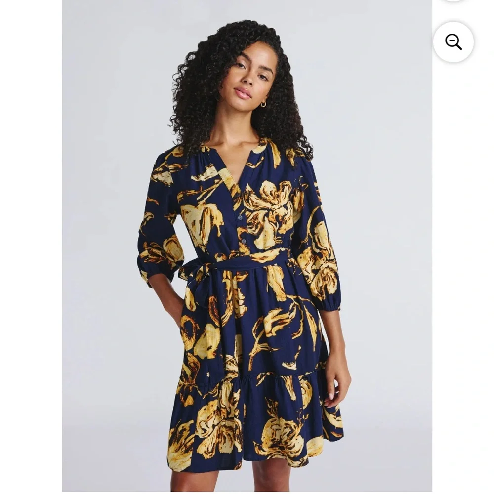 Floral Print Navy and Yellow Dress - Picture 2 of 7